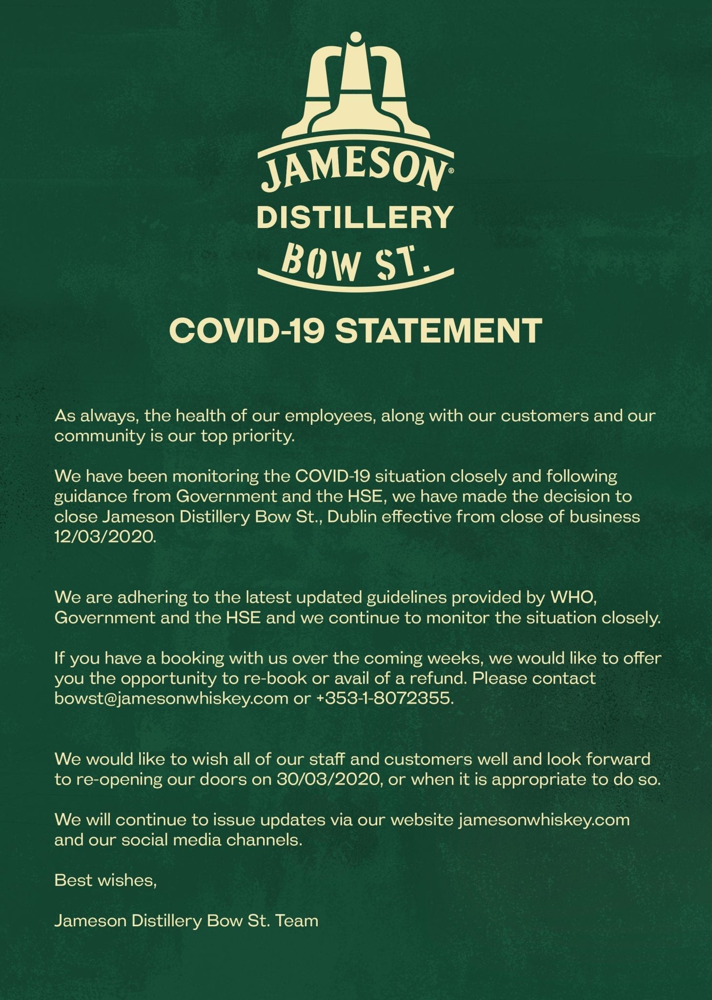 Covid Jameson Experience Closure Notice International Whiskey Reviews by Irish Whiskey Blogger Stuart Mcnamara