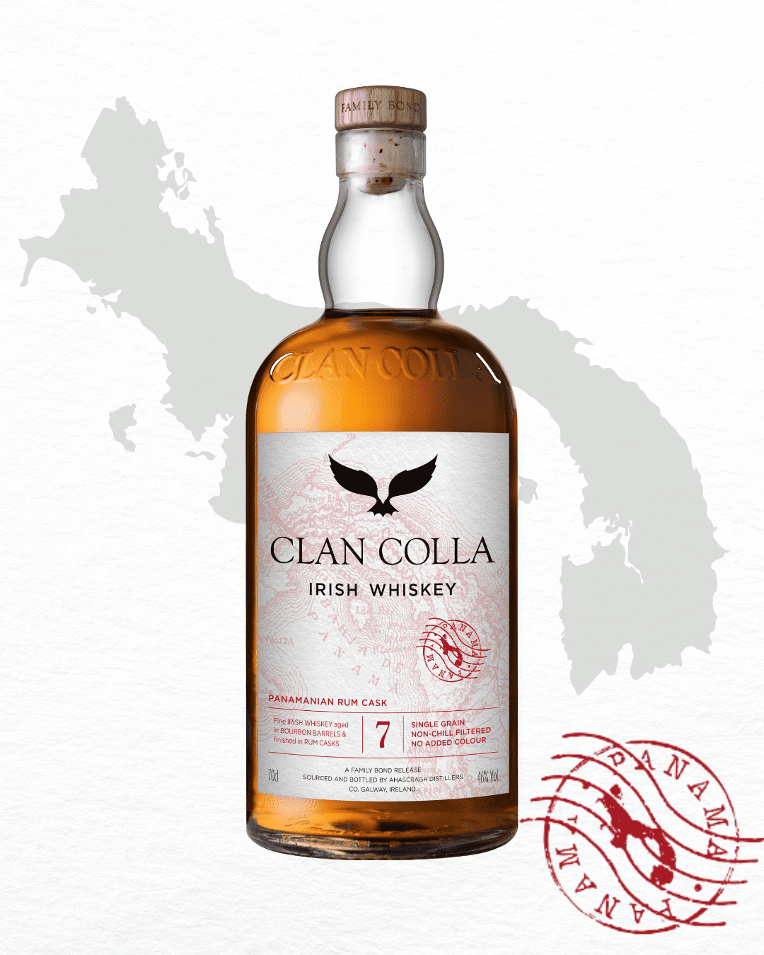 Clan Colla Irish Whiskey from Ahascragh. Seve Year Old Panama Rum Cask Finished Single Grain Irish Whiskey
